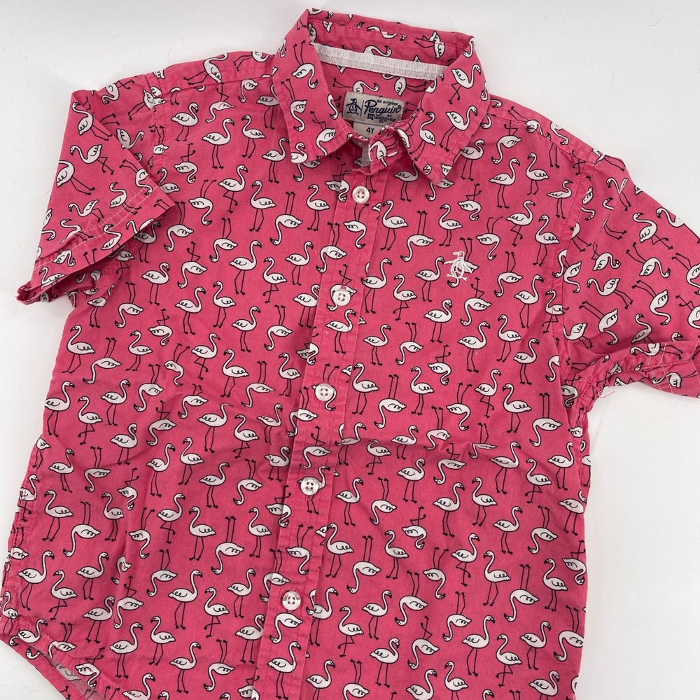 Penguin Flamingo Print Button Up Short Sleeve Shirt Kids Size 4Y‎